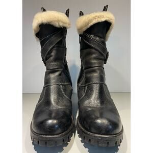 Manas Black Leather Shearling Strappy Zip Heeled Boots EU Size 38 US 8 Italy